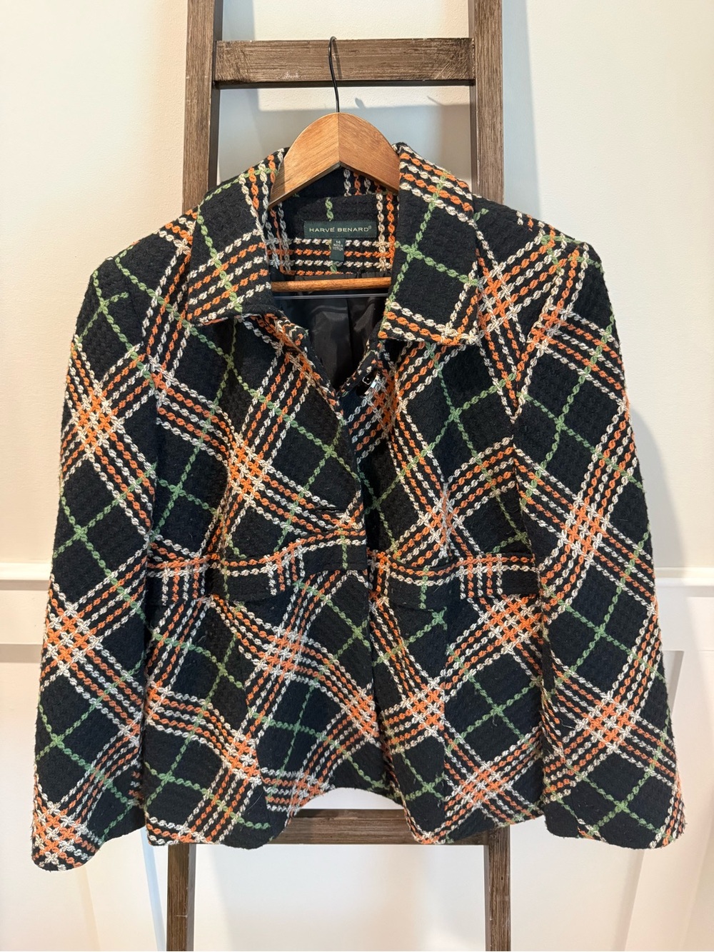 Harve Benard Black Plaid Bouclé Jacket with Orange & Green Trim